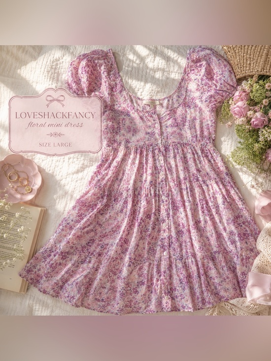 LoveShackFancy Dresses & Skirts - LoveShackFancy Pink Floral Puff Sleeve Mini Dress Size Large Cottagecore